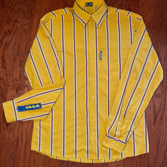IKEA Employee Uniform Work Yellow Striped Button Dress Shirt Size Medium Large - Picture 2 of 11